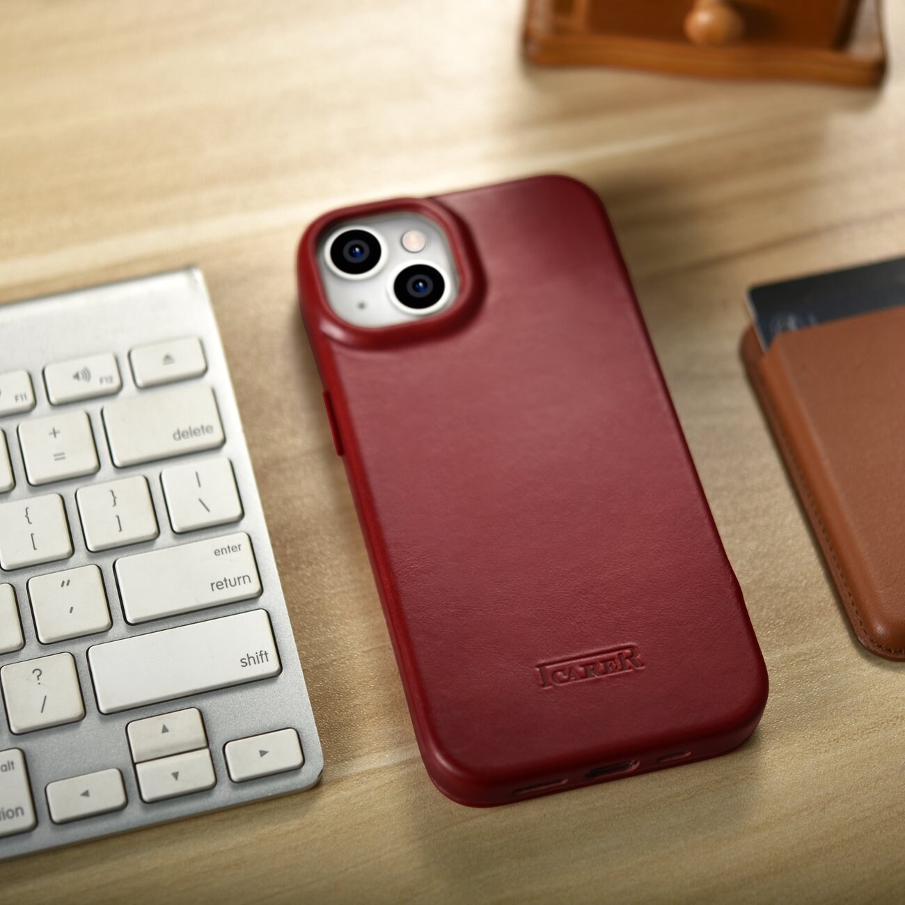 iCarer CE Oil Wax Premium Leather Folio Case for iPhone 14 Plus, Magnetic Flip, MagSafe, Red