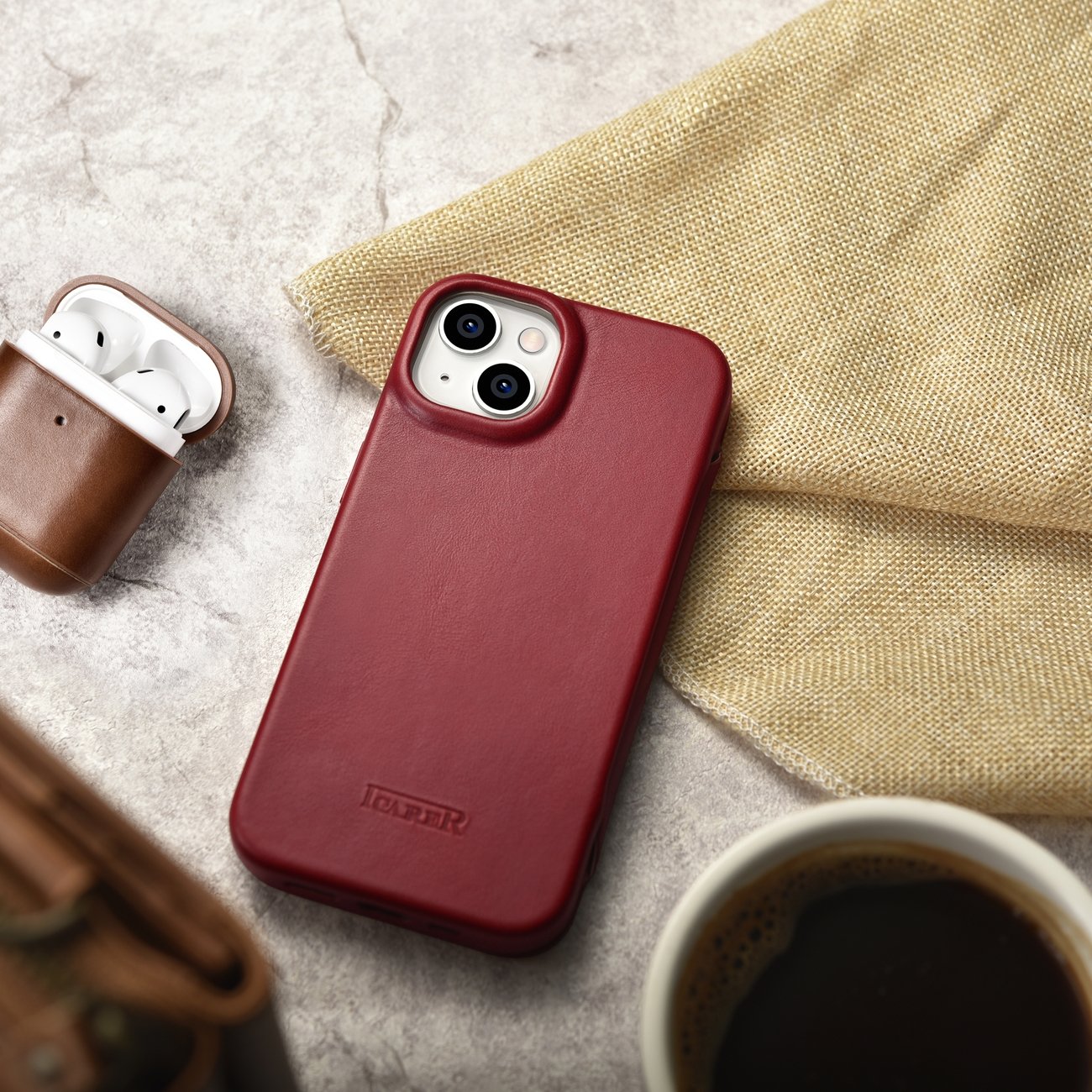iCarer CE Oil Wax Premium Leather Folio Case for iPhone 14 Plus, Magnetic Flip, MagSafe, Red