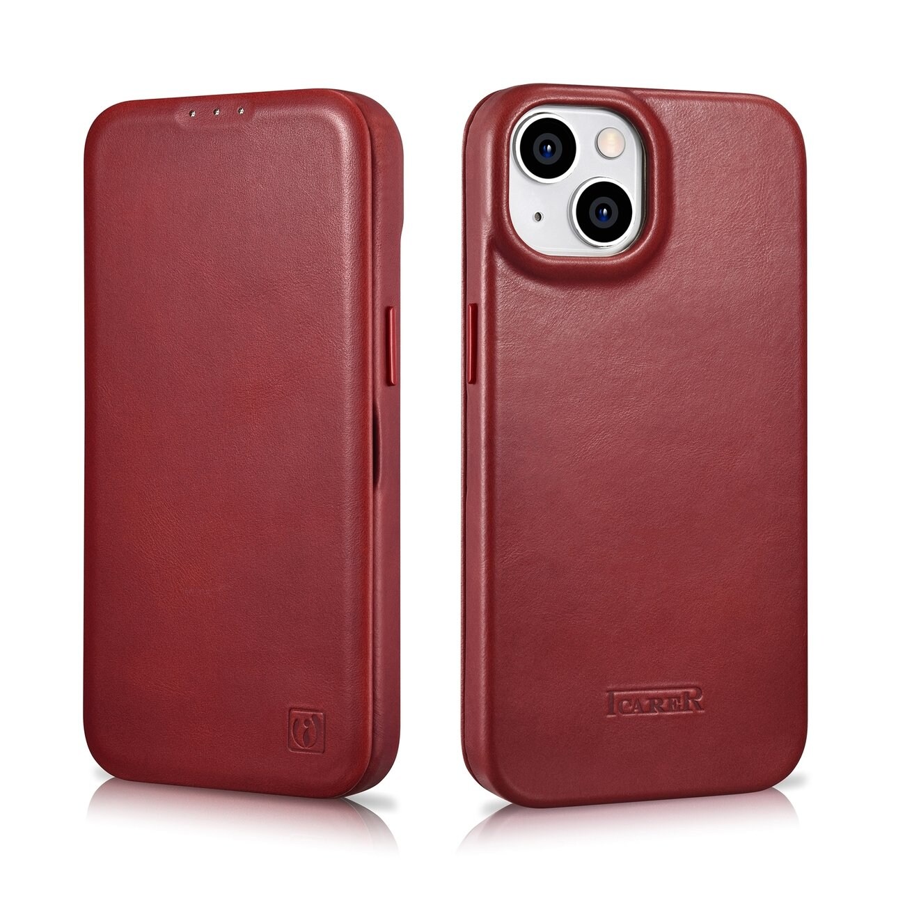 iCarer CE Oil Wax Premium Leather Folio Case for iPhone 14 Plus, Magnetic Flip, MagSafe, Red