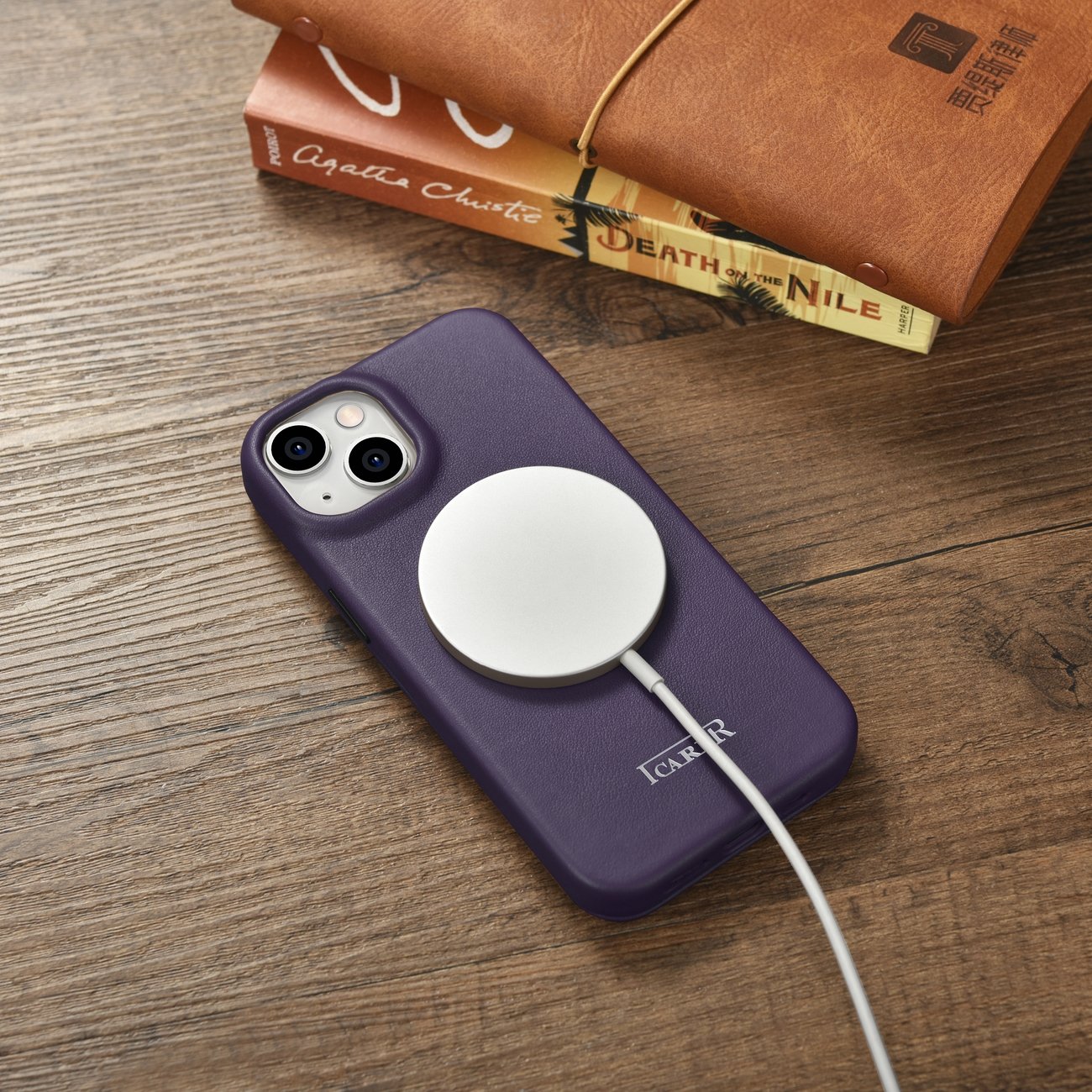 iCarer CE Premium Leather Folio Case for iPhone 14 Plus, Magnetic Flip MagSafe, Dark Purple