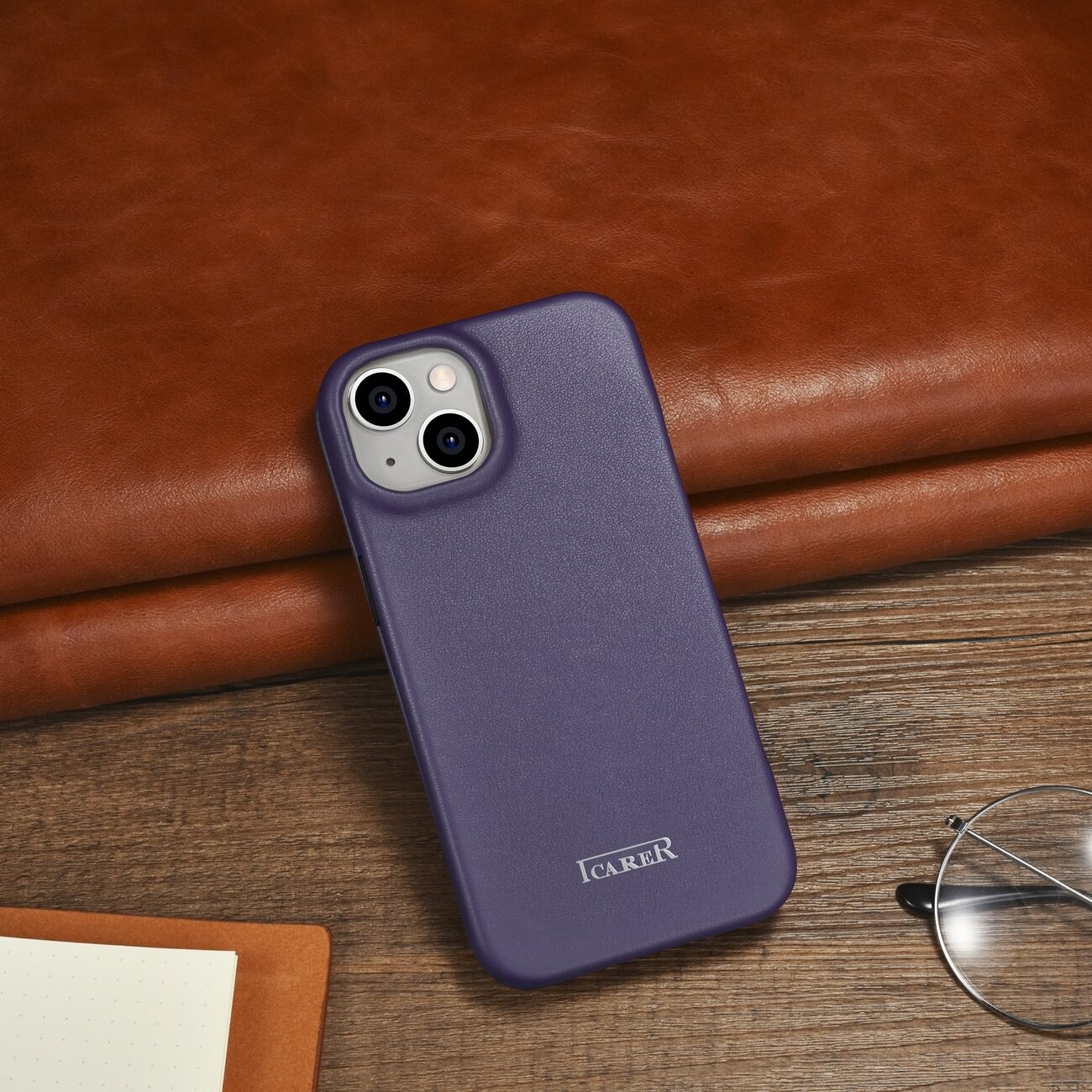 iCarer CE Premium Leather Folio Case for iPhone 14 Plus, Magnetic Flip MagSafe, Dark Purple