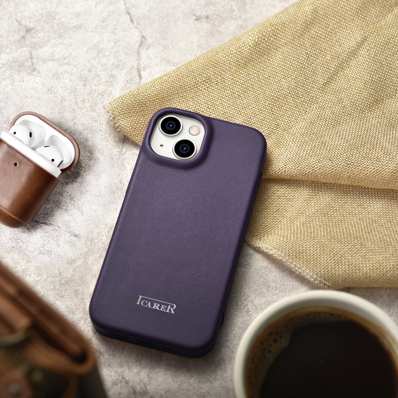 iCarer CE Premium Leather Folio Case for iPhone 14 Plus, Magnetic Flip MagSafe, Dark Purple