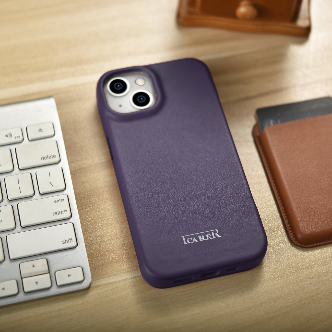 iCarer CE Premium Leather Folio Case for iPhone 14 Plus, Magnetic Flip MagSafe, Dark Purple