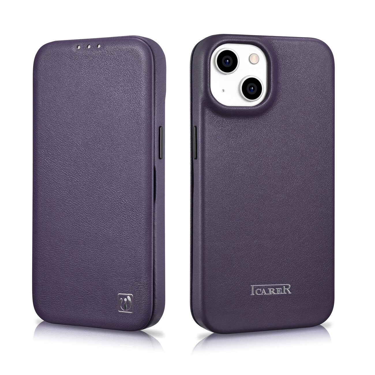 iCarer CE Premium Leather Folio Case for iPhone 14 Plus, Magnetic Flip MagSafe, Dark Purple