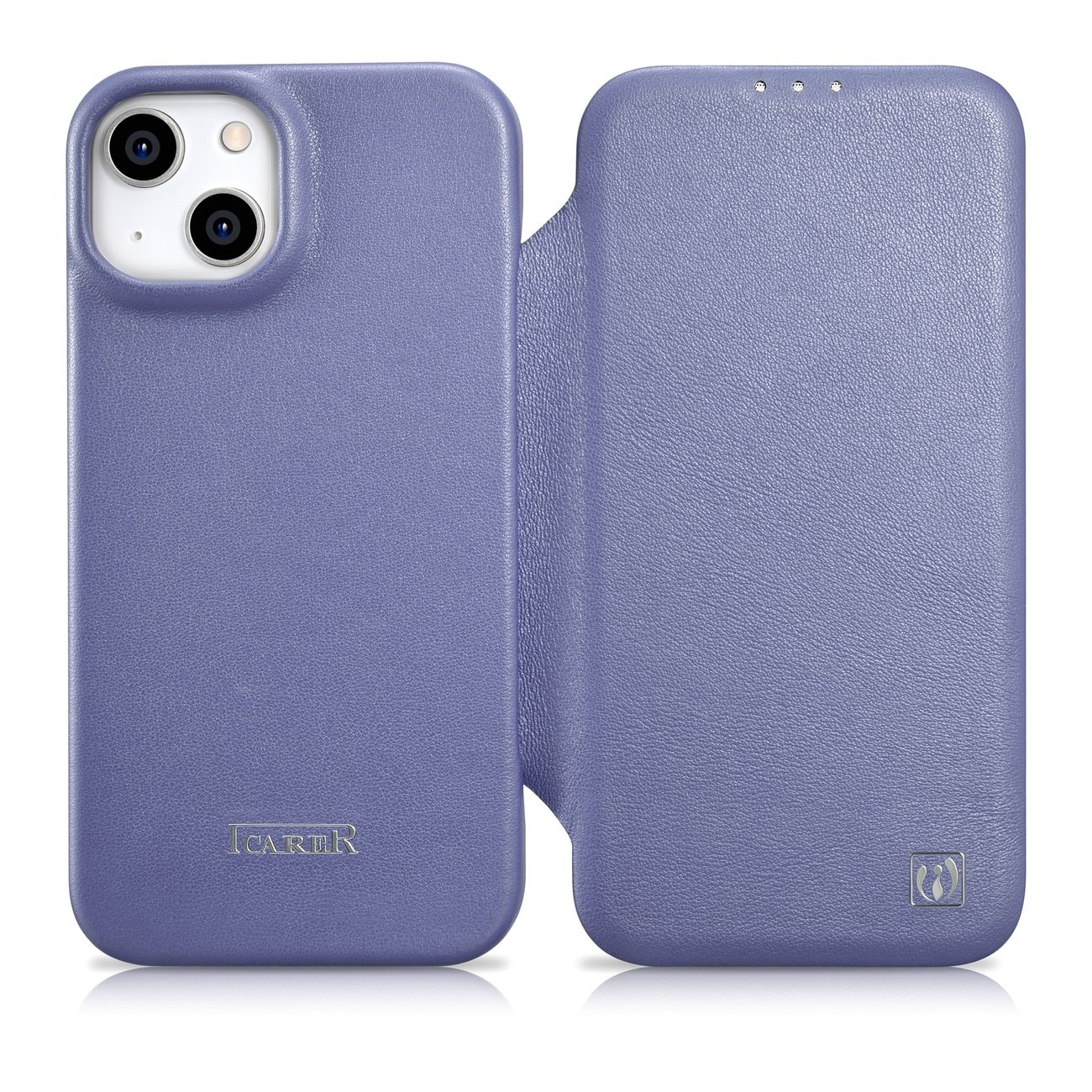 iCarer CE Premium Leather Folio Case for iPhone 14 Plus, Magnetic Flip, MagSafe, Light Purple