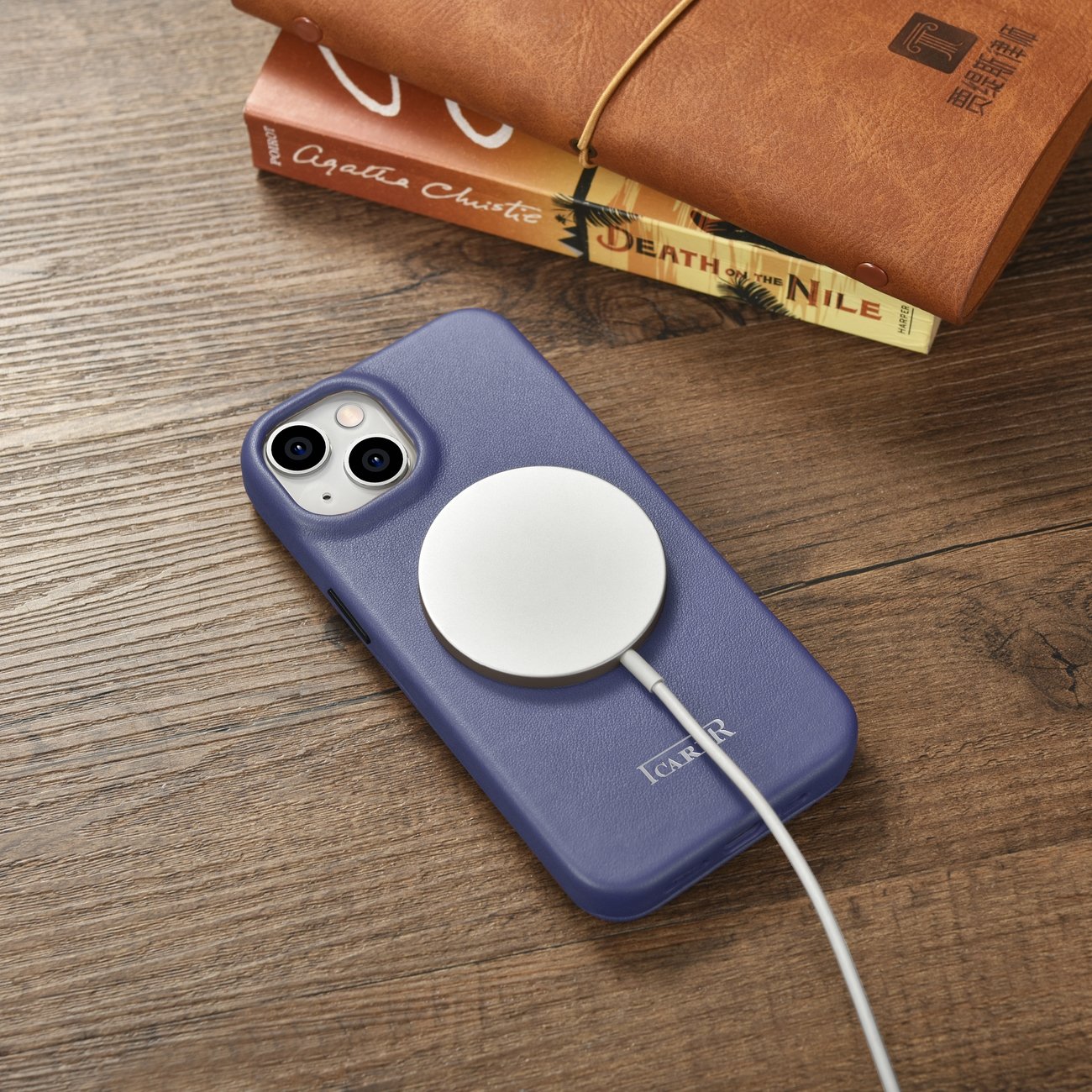 iCarer CE Premium Leather Folio Case for iPhone 14 Plus, Magnetic Flip, MagSafe, Light Purple