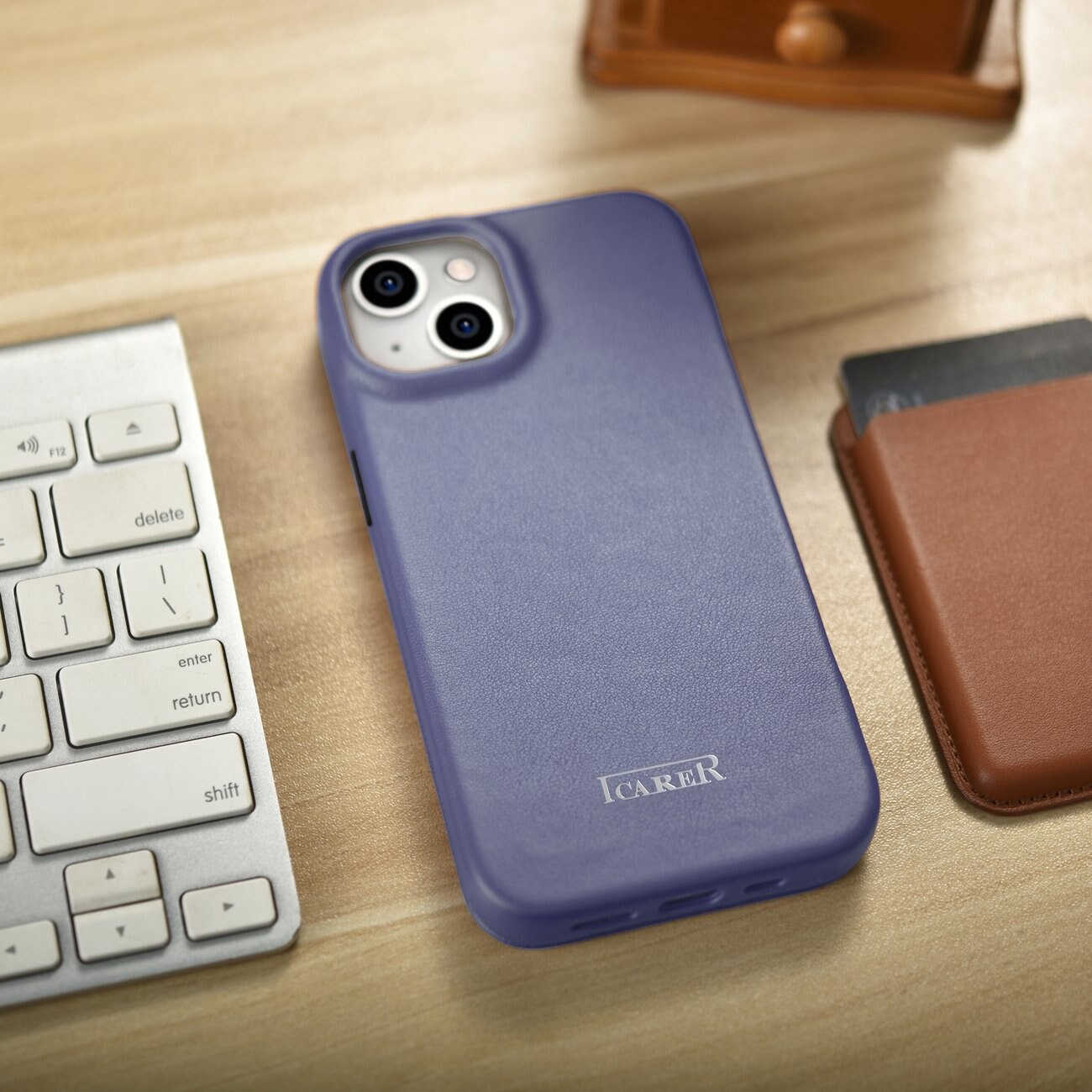 iCarer CE Premium Leather Folio Case for iPhone 14 Plus, Magnetic Flip, MagSafe, Light Purple