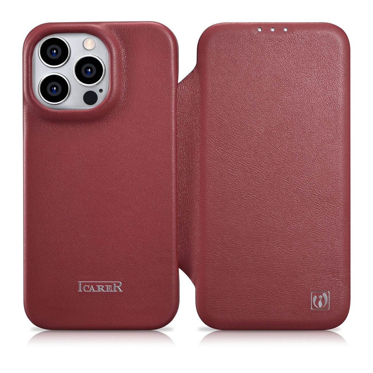 iCarer CE Premium Leather Folio Case for iPhone 14 Pro Max, MagSafe Magnetic Flip Cover, Red