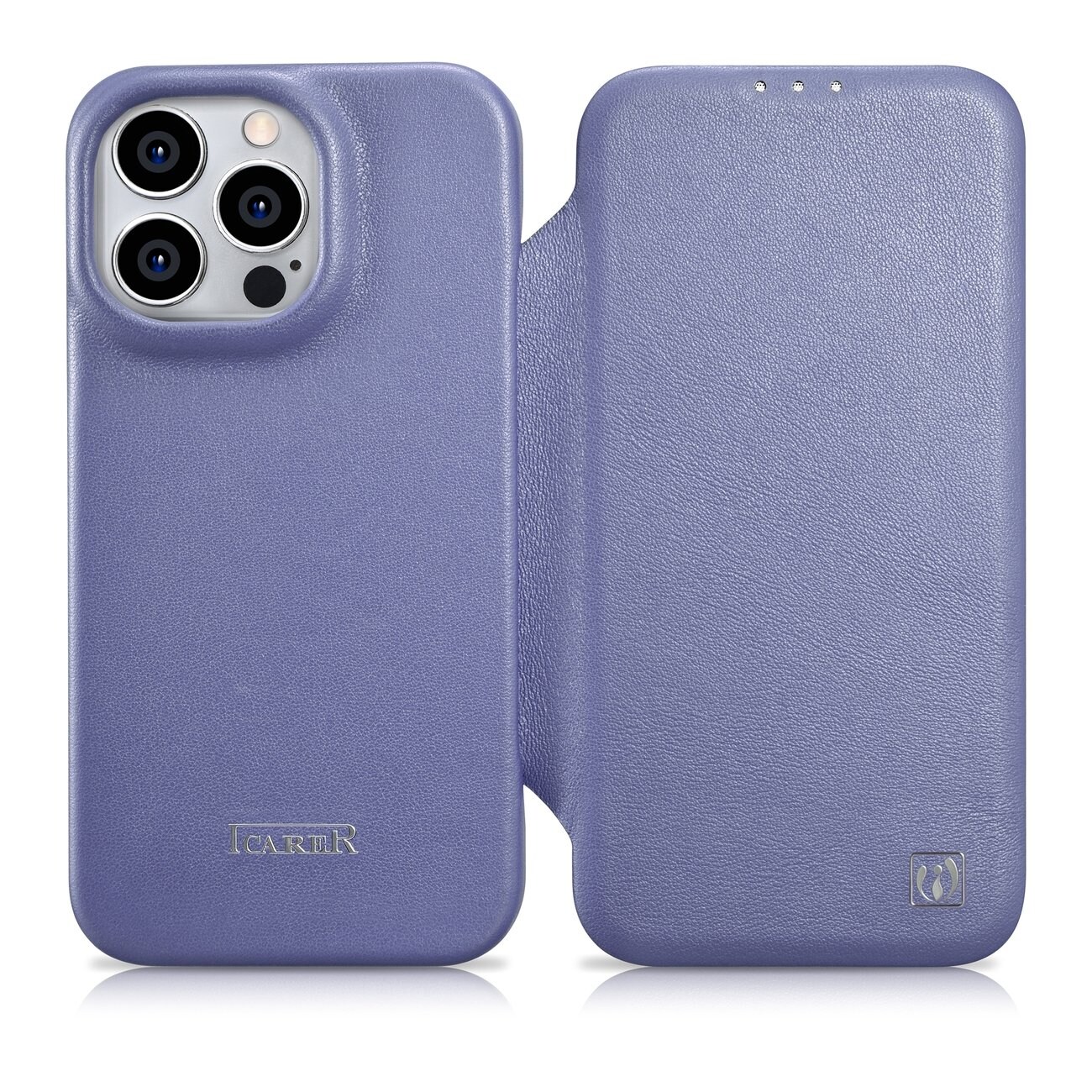 iCarer CE Premium Leather Folio Case for iPhone 14 Pro Max, Magnetic Flip, MagSafe, Light Purple