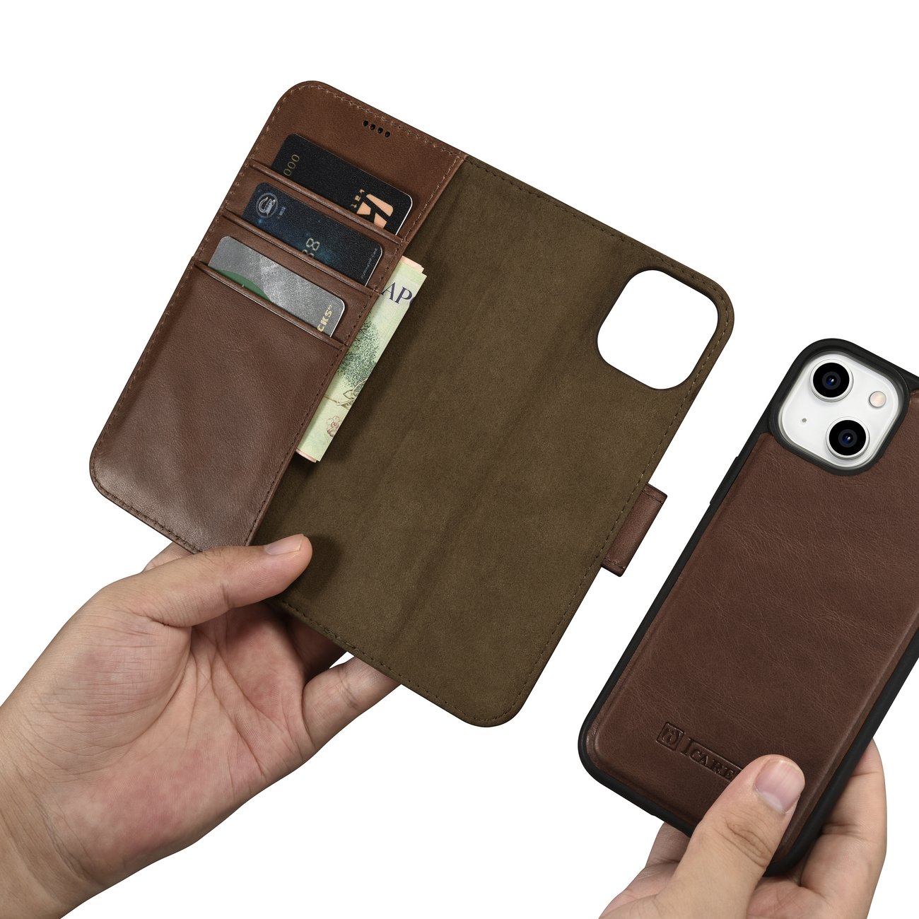 iCarer 2in1 Oil Wax Wallet Case for iPhone 14 Plus - Anti-RFID Leather Flip Case Brown
