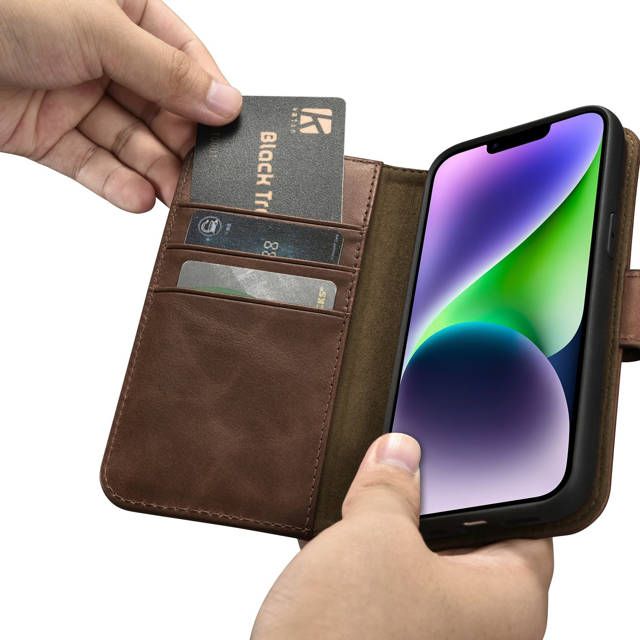 iCarer 2in1 Oil Wax Wallet Case for iPhone 14 Plus - Anti-RFID Leather Flip Case Brown