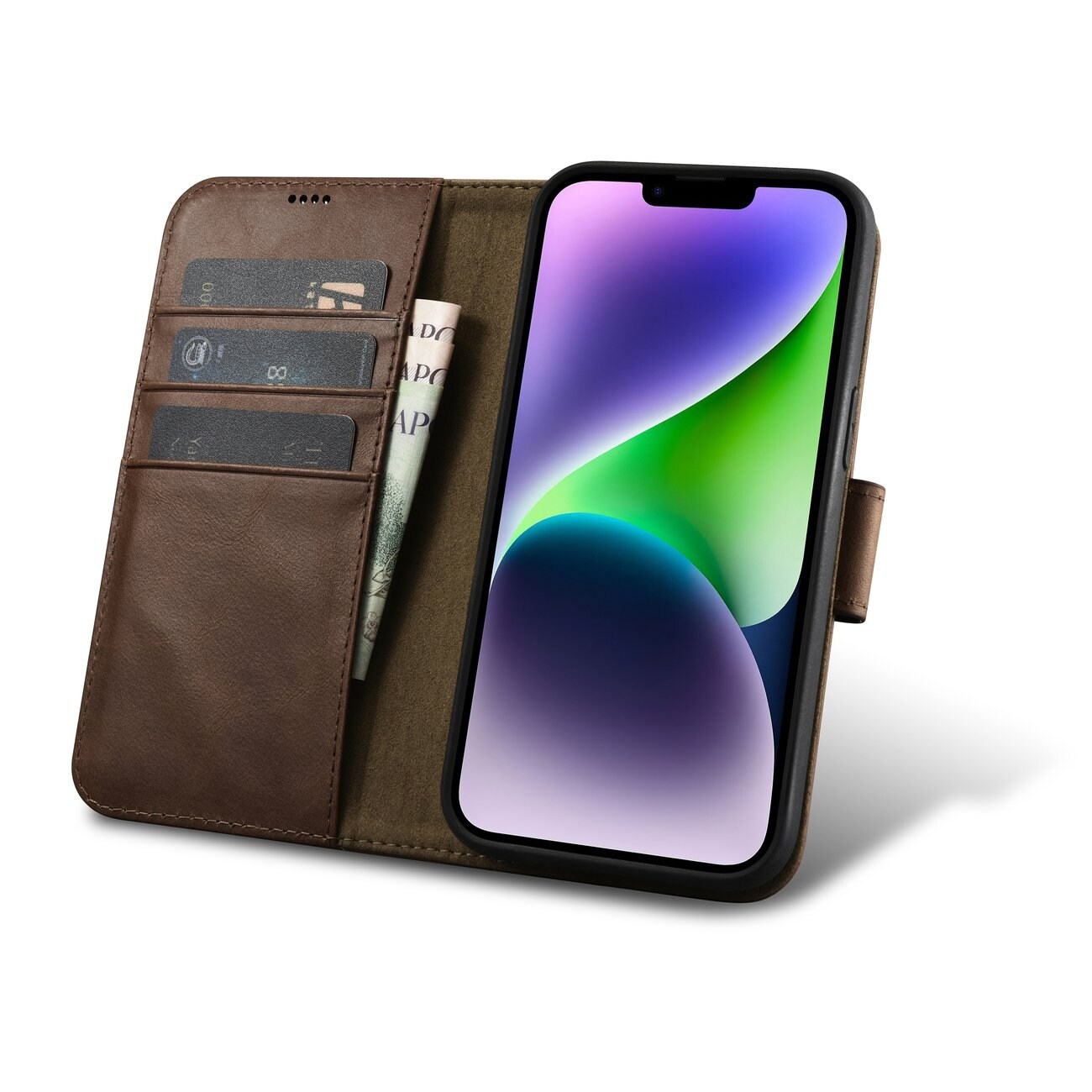 iCarer 2in1 Oil Wax Wallet Case for iPhone 14 Plus - Anti-RFID Leather Flip Case Brown