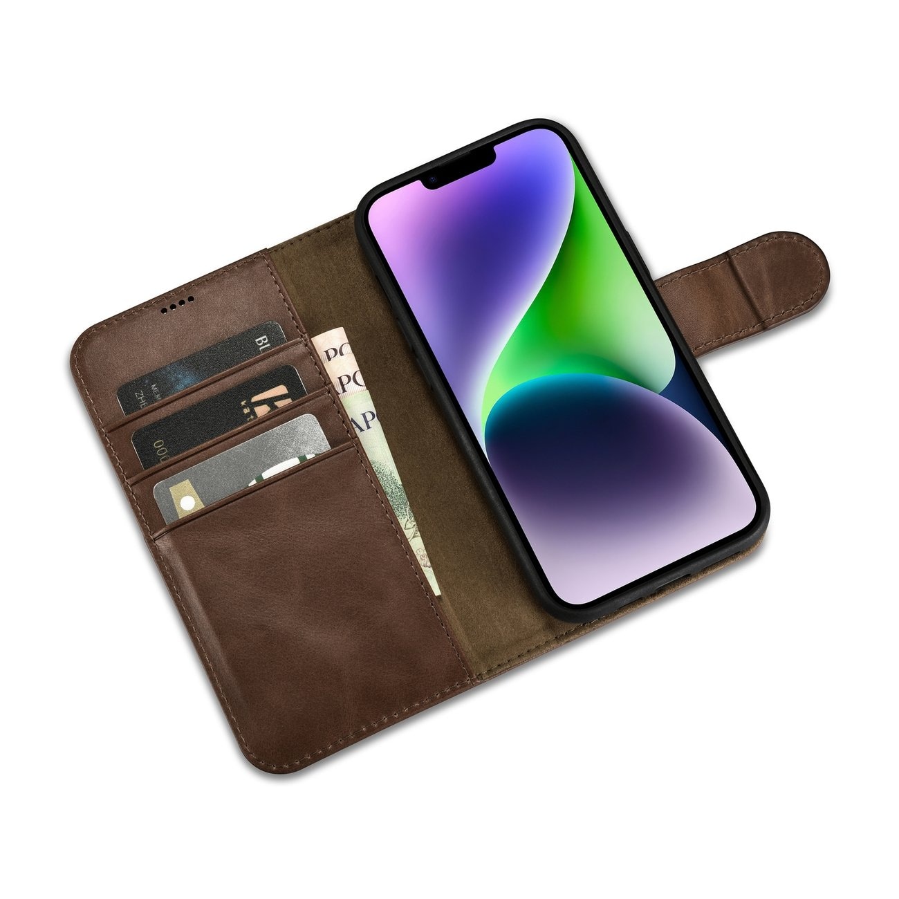 iCarer 2in1 Oil Wax Wallet Case for iPhone 14 Plus - Anti-RFID Leather Flip Case Brown