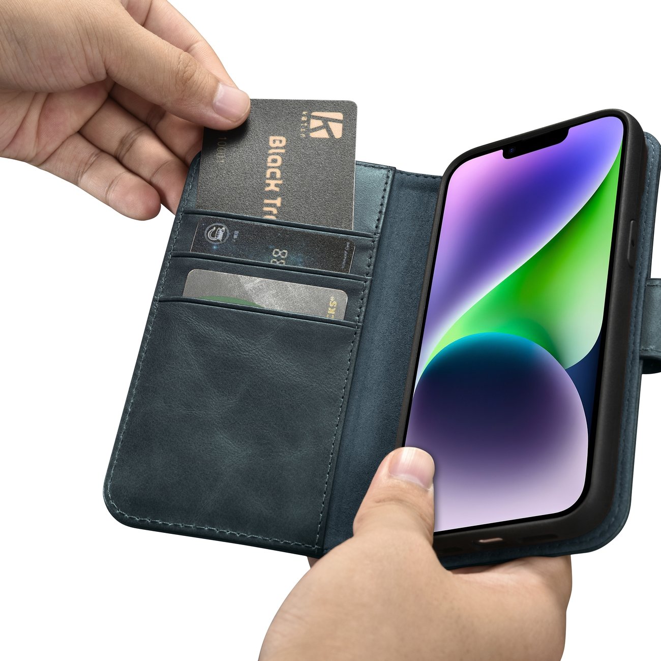 iCarer 2in1 Oil Wax Wallet Case for iPhone 14 Plus Anti-RFID Leather Flip Blue (WMI14220723-BU)