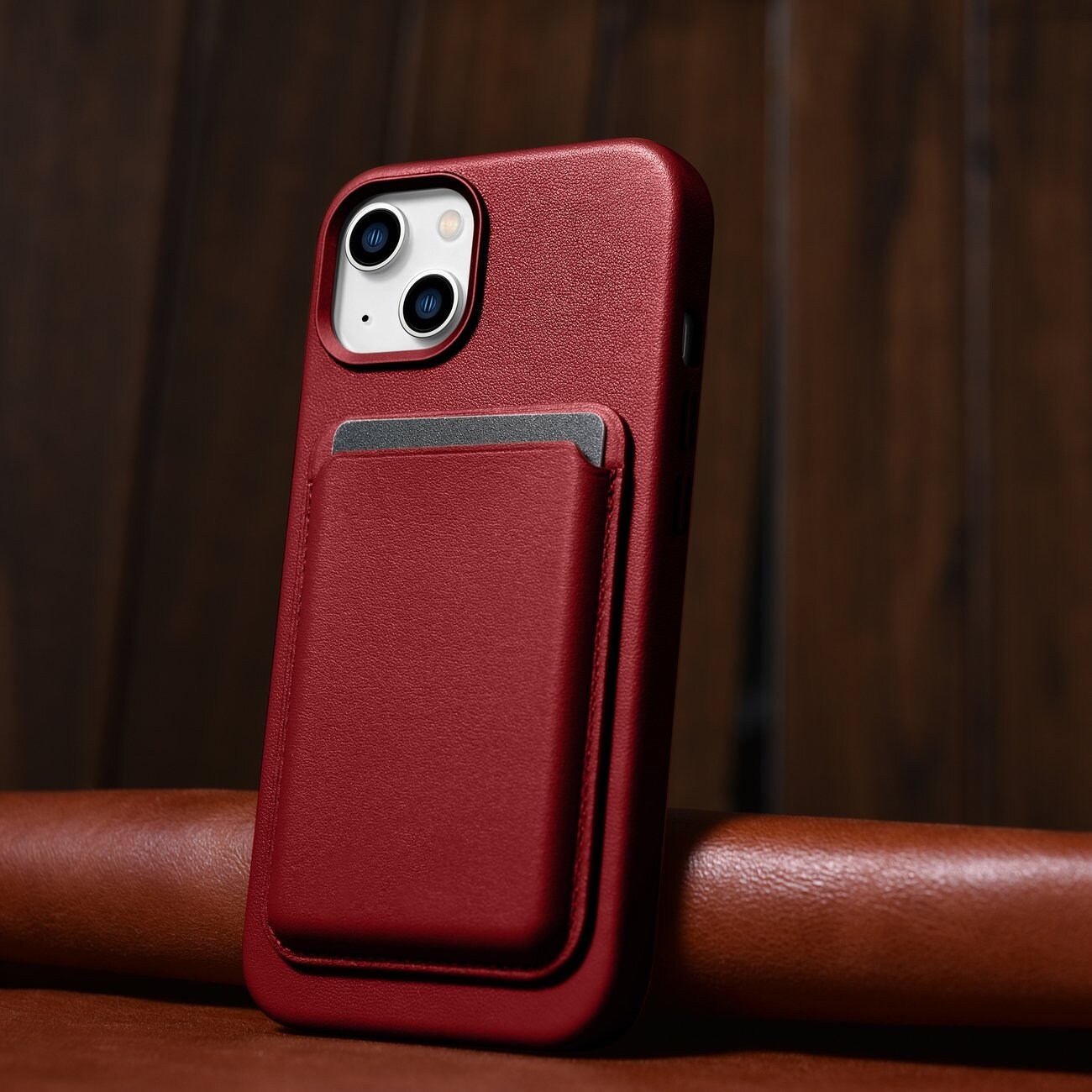 iCarer Case Læderetui i naturlæder til iPhone 14 Plus rød (kompatibel med MagSafe)