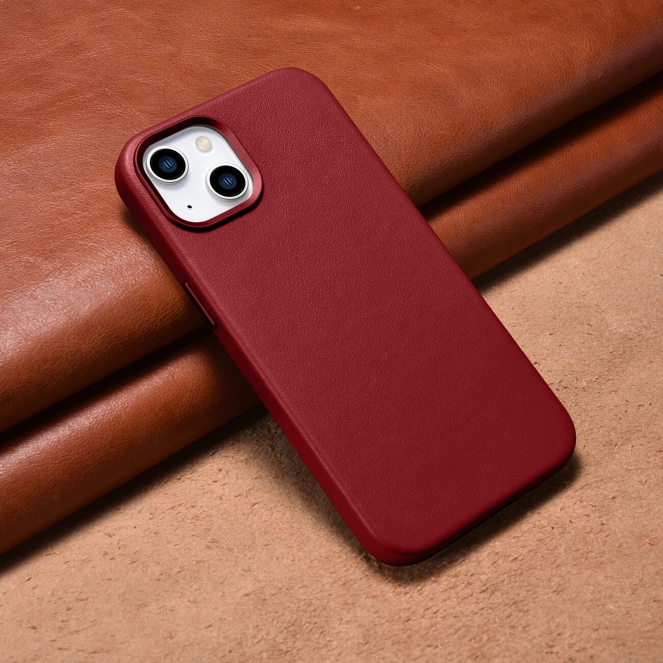 iCarer Case Læderetui i naturlæder til iPhone 14 Plus rød (kompatibel med MagSafe)