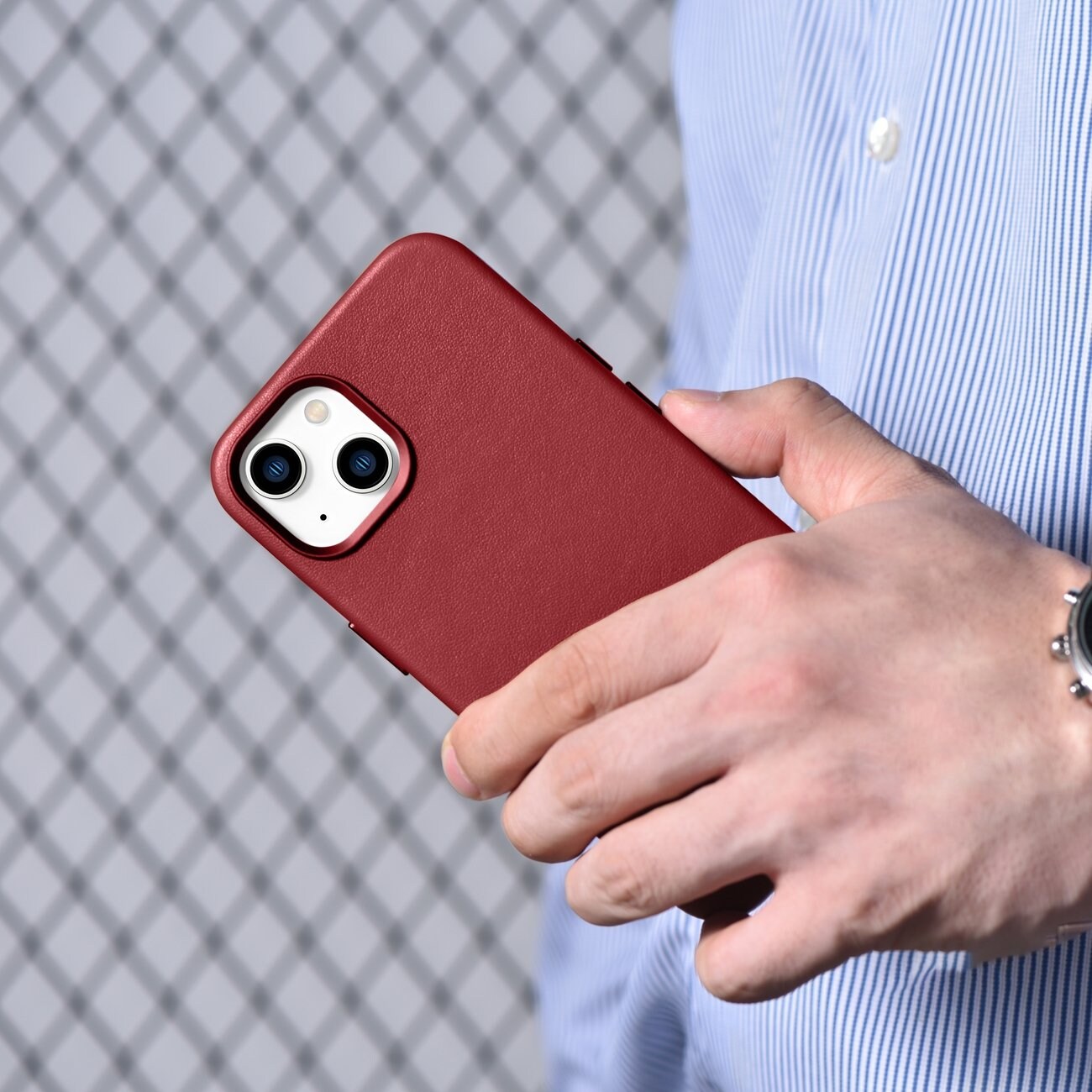 iCarer Case Læderetui i naturlæder til iPhone 14 Plus rød (kompatibel med MagSafe)