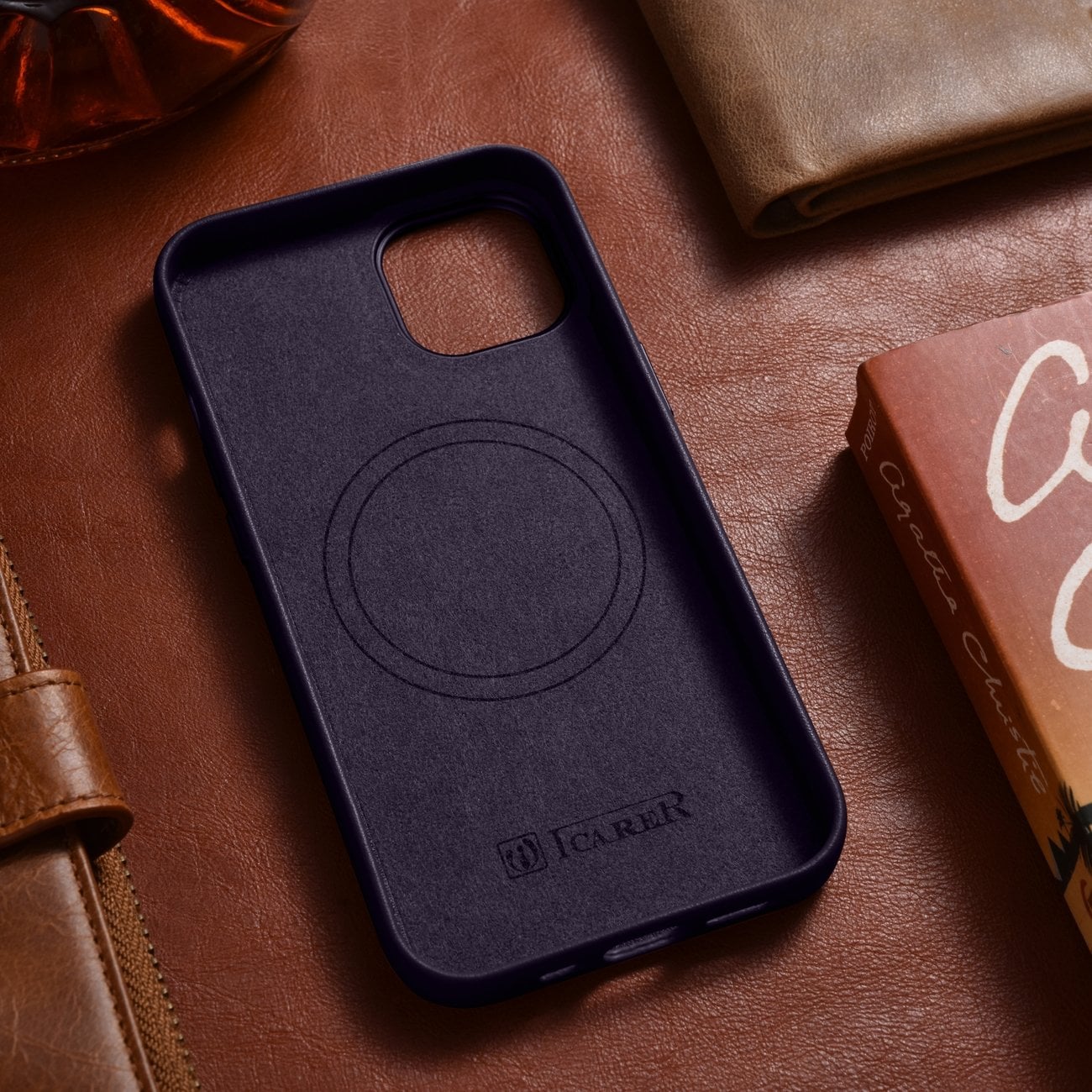 iCarer Case Lædercover til iPhone 14 Plus Mørk Lilla (MagSafe-kompatibel)
