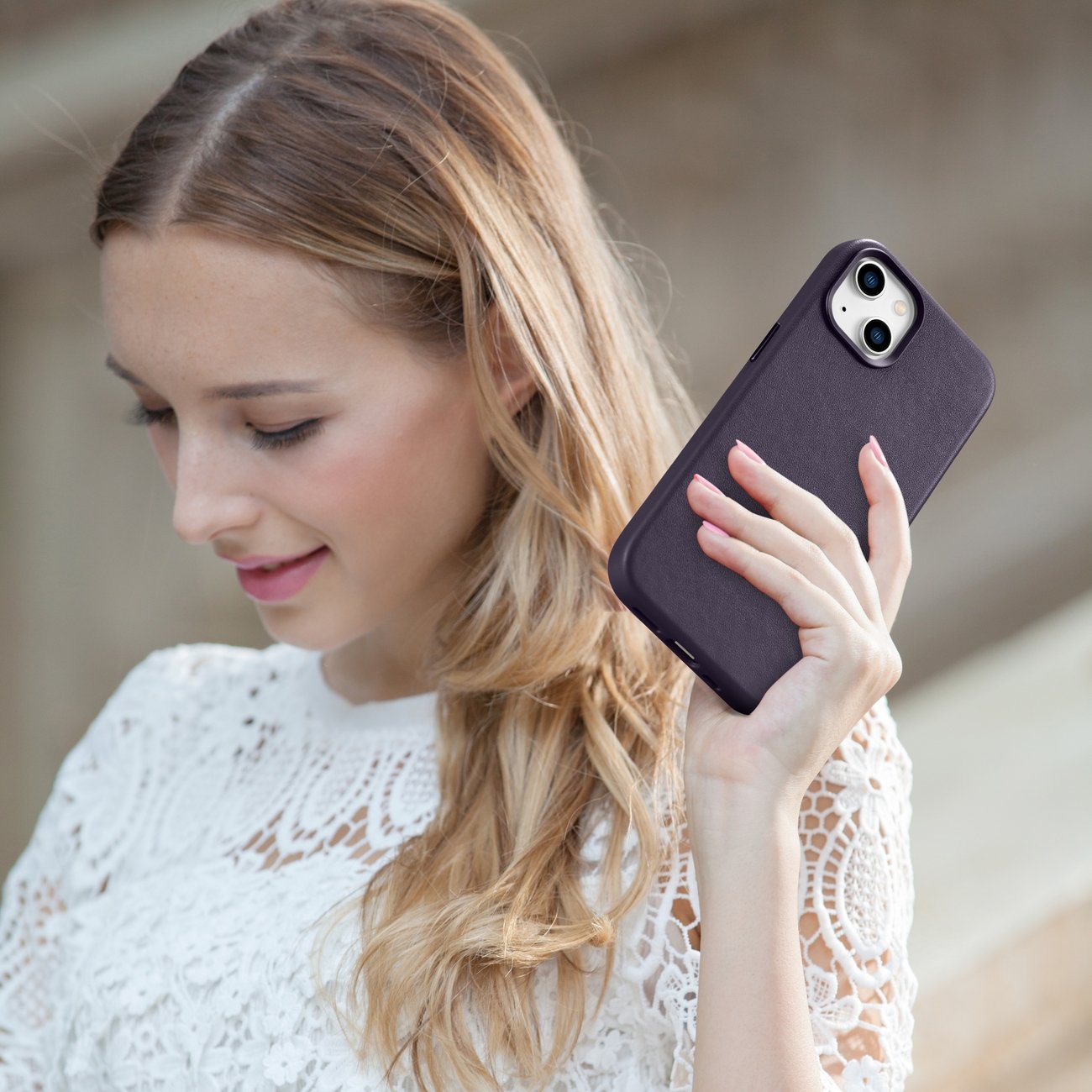 iCarer Case Lædercover til iPhone 14 Plus Mørk Lilla (MagSafe-kompatibel)