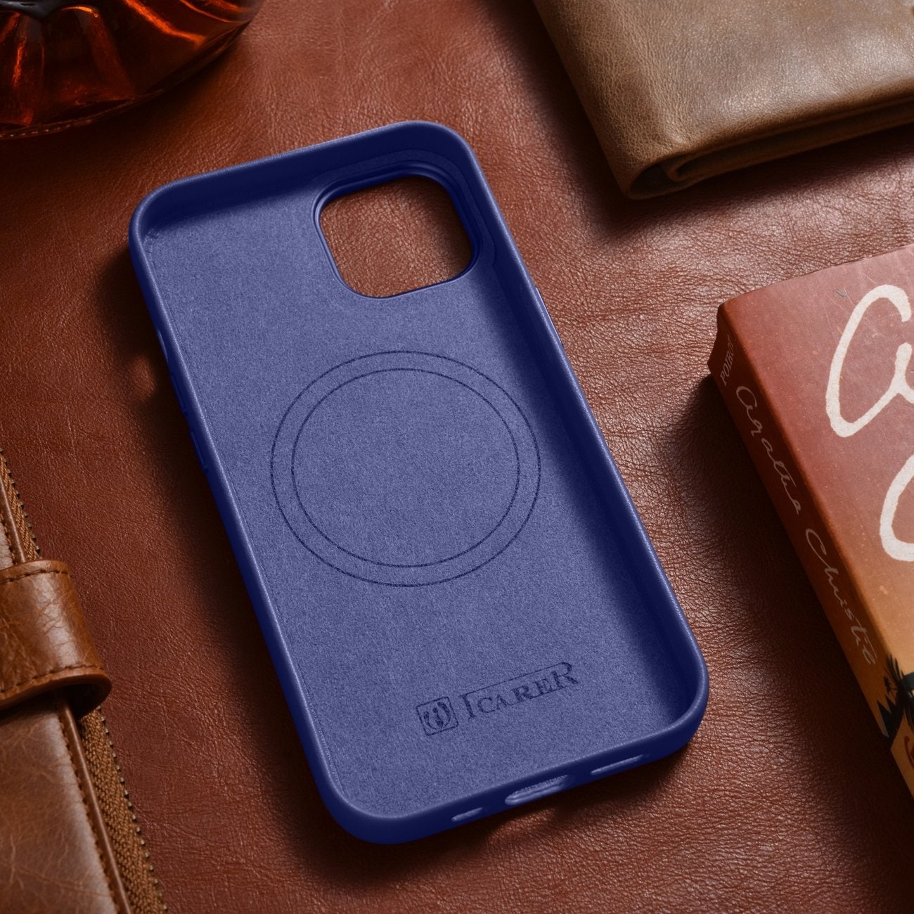 iCarer Case lædercover ægte læder iPhone 14 Plus lyslilla (MagSafe-kompatibel)