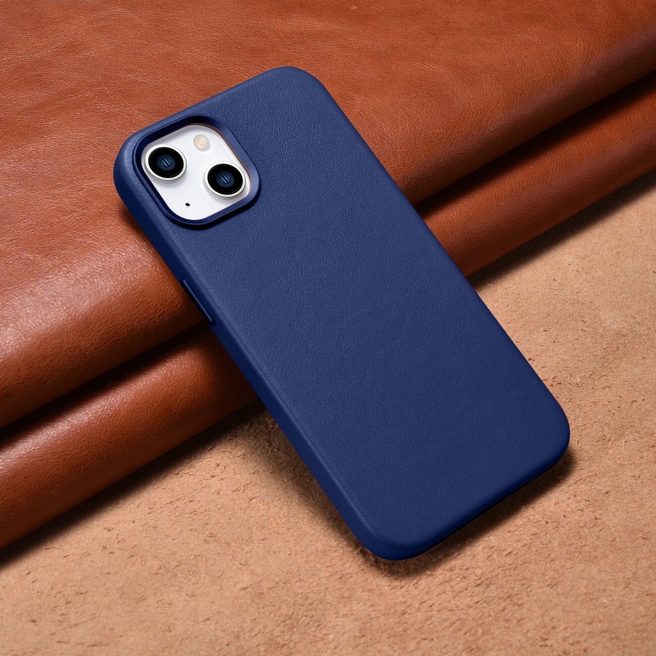 iCarer Case Lædercover til iPhone 14 Plus ægte læderetui blå (kompatibel med MagSafe)