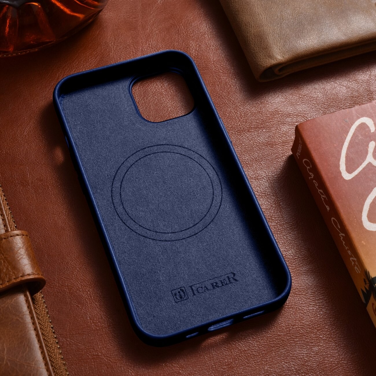 iCarer Case Lædercover til iPhone 14 Plus ægte læderetui blå (kompatibel med MagSafe)