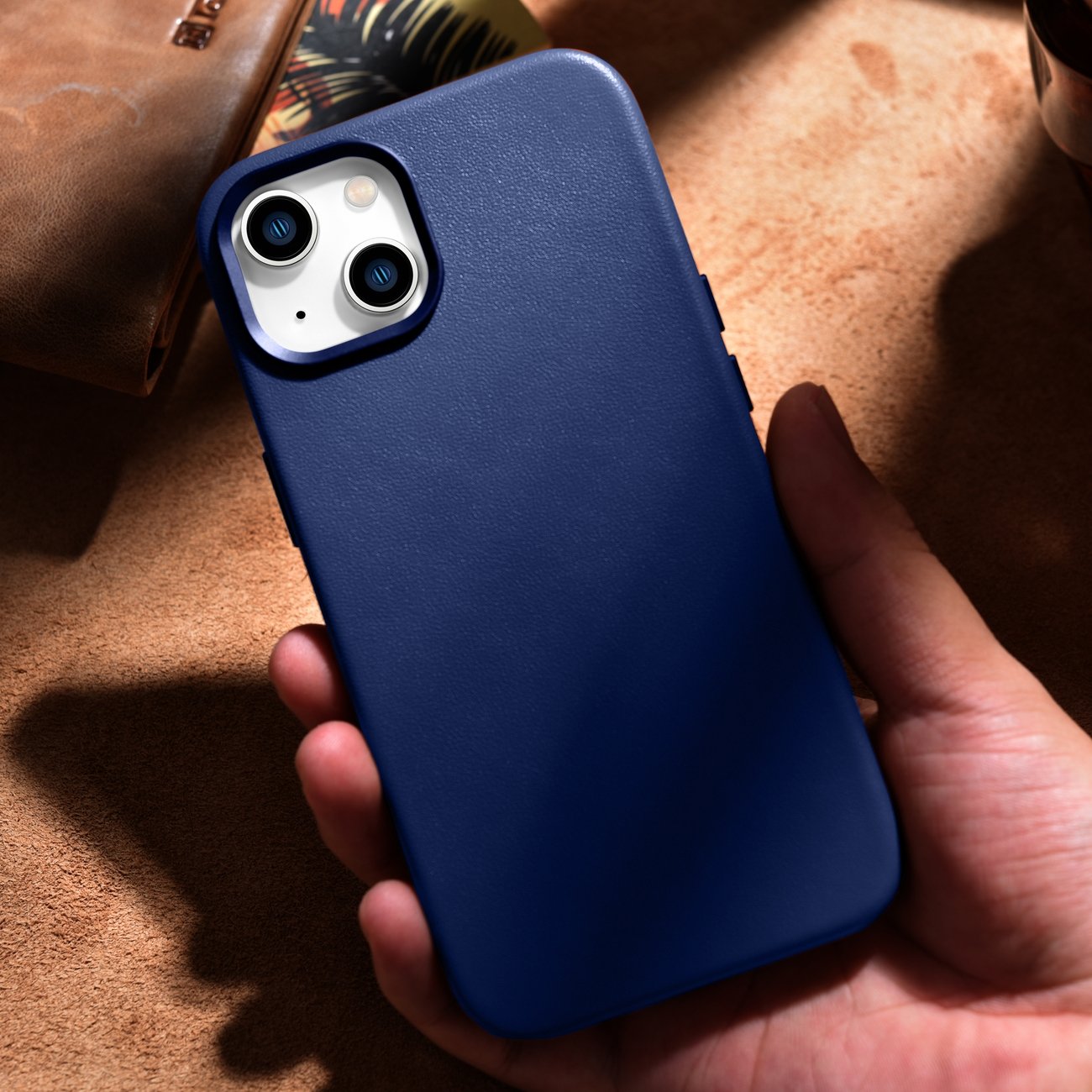 iCarer Case Lædercover til iPhone 14 Plus ægte læderetui blå (kompatibel med MagSafe)
