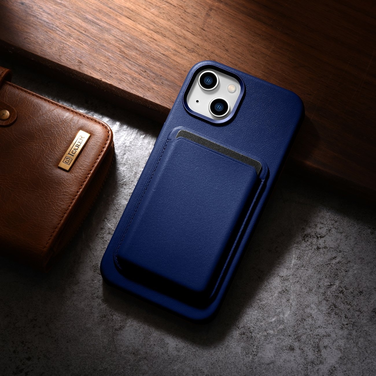 iCarer Case Lædercover til iPhone 14 Plus ægte læderetui blå (kompatibel med MagSafe)