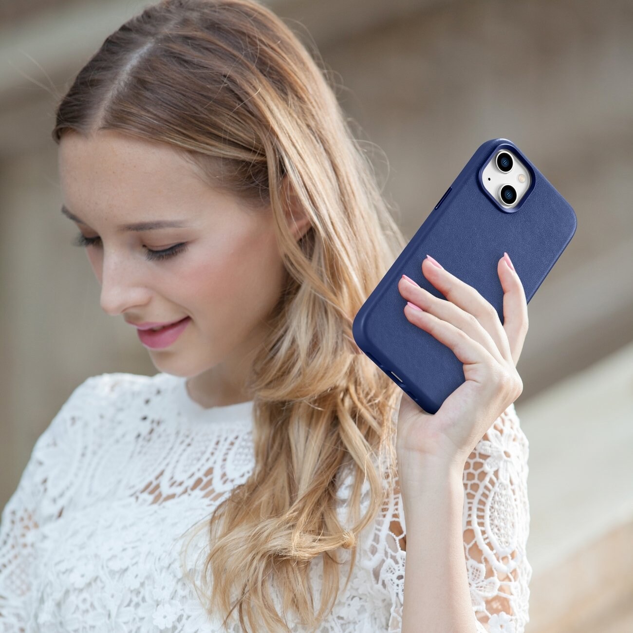iCarer Case Lædercover til iPhone 14 Plus ægte læderetui blå (kompatibel med MagSafe)