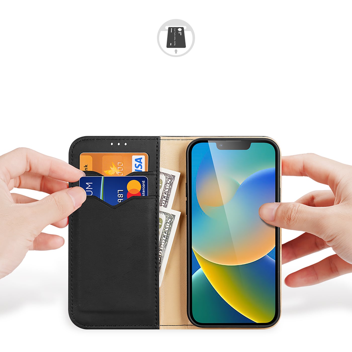 Dux Ducis Hivo Læder Flip Cover Ægte læderpung til kort og dokumenter iPhone 14 Plus Sort
