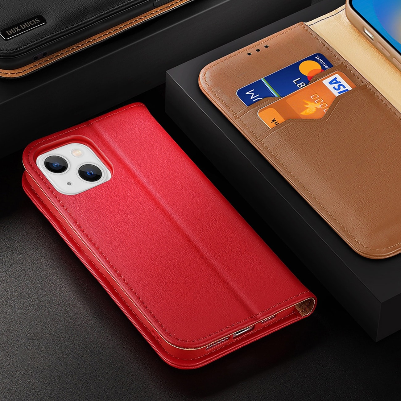 Dux Ducis Hivo Læder Flip Cover Ægte læderpung til kort og dokumenter iPhone 14 Plus Sort