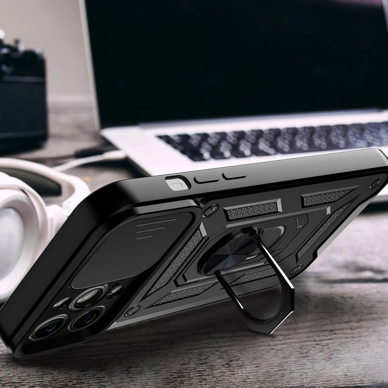 Hybrid Armor Camshield-etui til iPhone 14 Plus pansret etui med kameradæksel sort