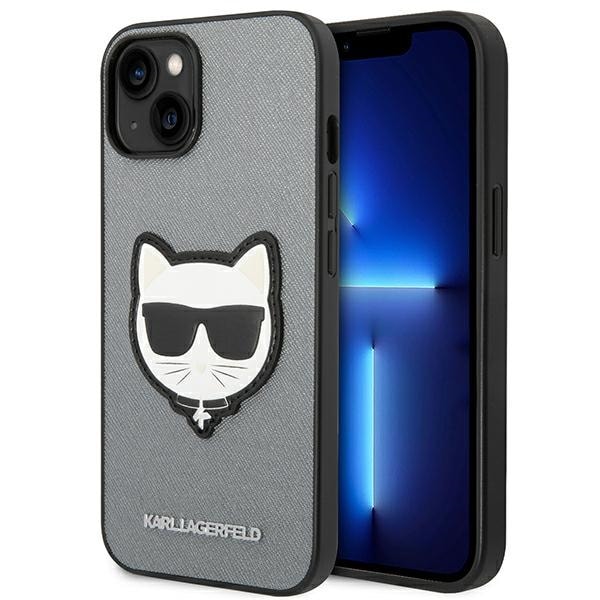 Karl Lagerfeld Saffiano Choupette Head Patch-etui til iPhone 14 Plus - sølv