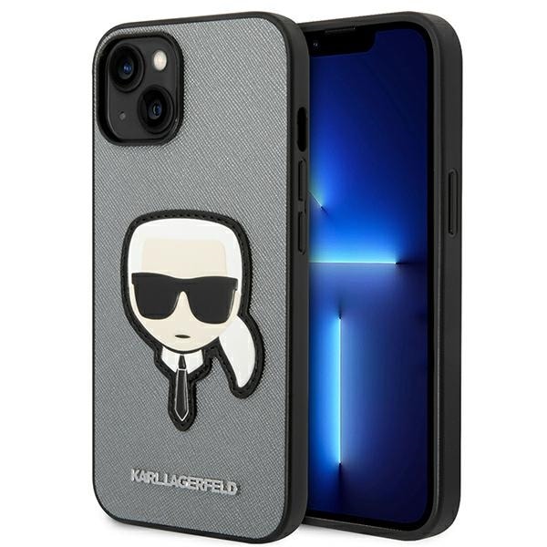 Karl Lagerfeld Saffiano Karl's Head Patch-etui til iPhone 14 Plus - sølv
