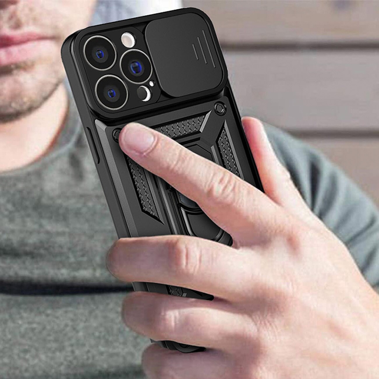 Hybrid Armor Camshield-etui til iPhone 13 Pro pansret etui med kameradæksel blå