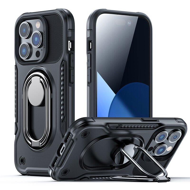 Joyroom Dual Hinge-etui til iPhone 14 Pro pansret etui med en stander og en ringholder sort