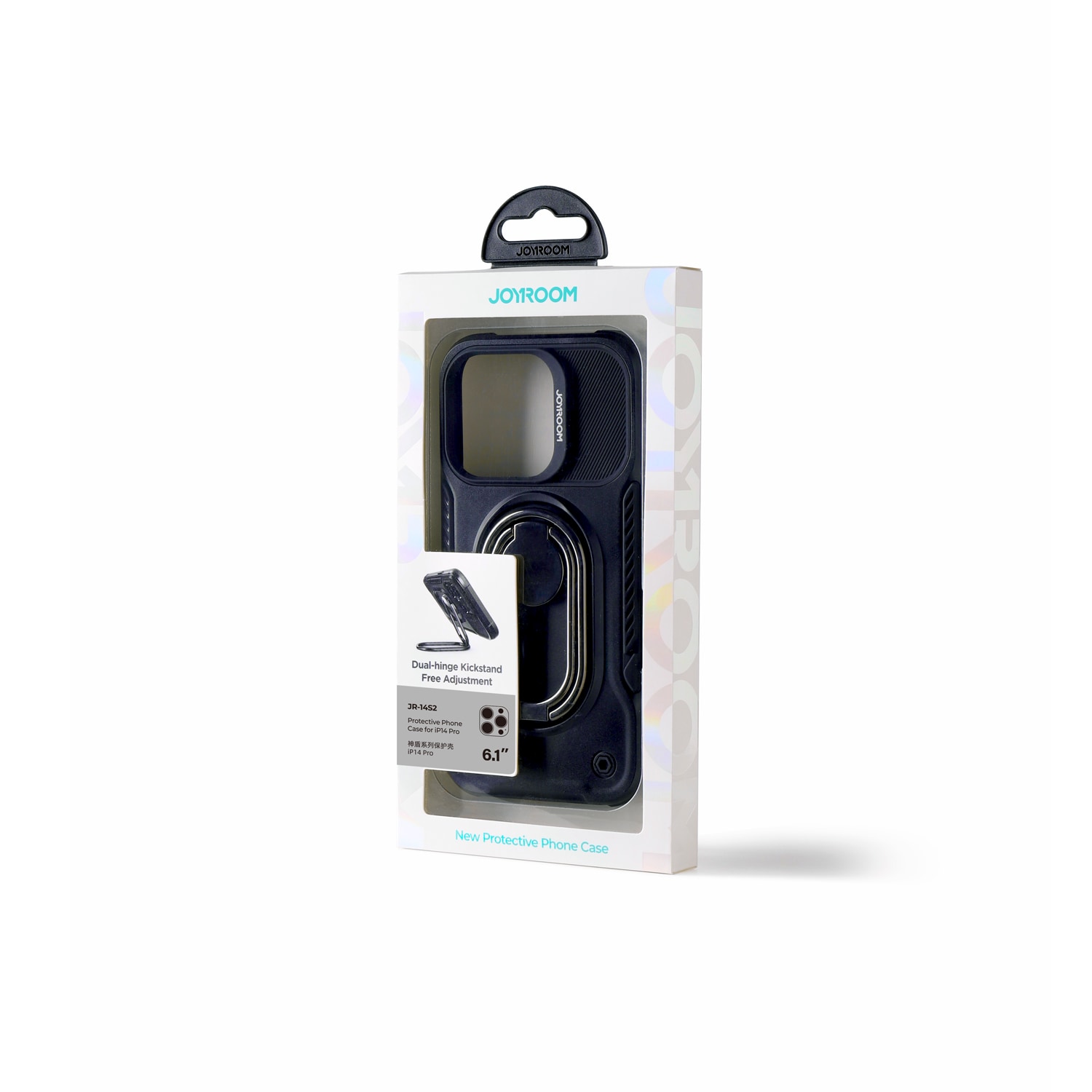 Joyroom Dual Hinge-etui til iPhone 14 Pro pansret etui med en stander og en ringholder sort