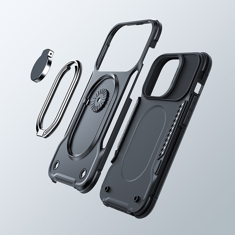 Joyroom Dual Hinge-etui til iPhone 14 Pro pansret etui med en stander og en ringholder sort