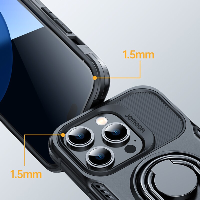 Joyroom Dual Hinge-etui til iPhone 14 Pro pansret etui med en stander og en ringholder sort