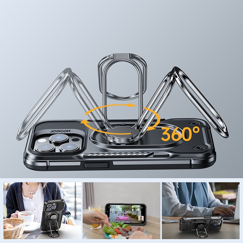 Joyroom Dual Hinge-etui til iPhone 14 Pro pansret etui med en stander og en ringholder sort