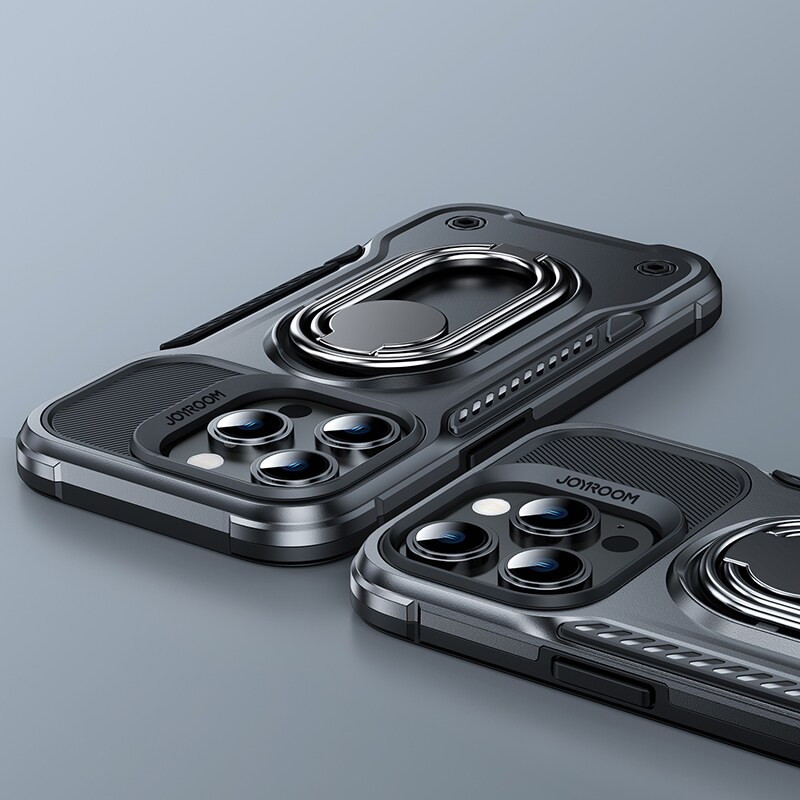Joyroom Dual Hinge-etui til iPhone 14 Pro pansret etui med en stander og en ringholder sort
