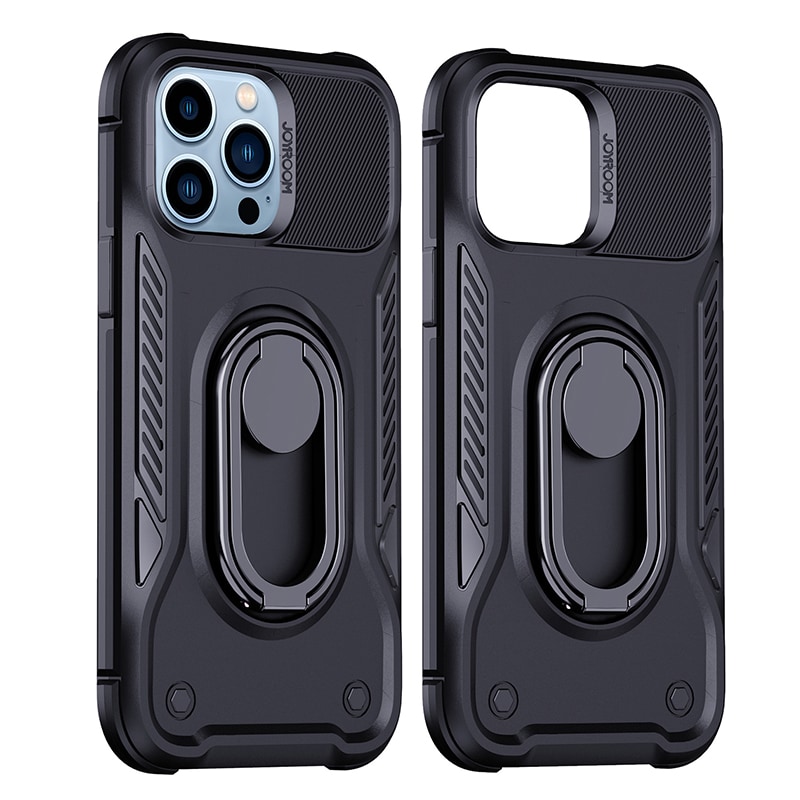 Joyroom Dual Hinge-etui til iPhone 14 Pro pansret etui med en stander og en ringholder sort
