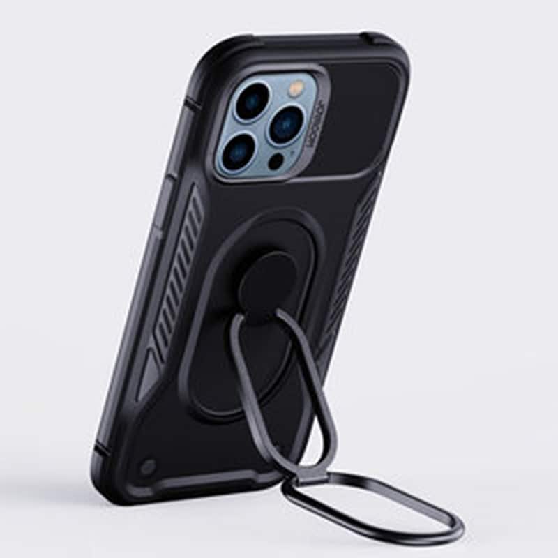 Joyroom Dual Hinge-etui til iPhone 14 Pro pansret etui med en stander og en ringholder sort