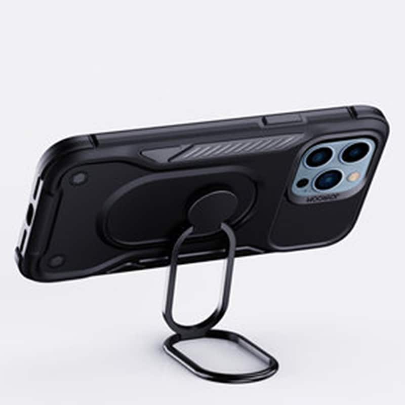 Joyroom Dual Hinge-etui til iPhone 14 Pro pansret etui med en stander og en ringholder sort