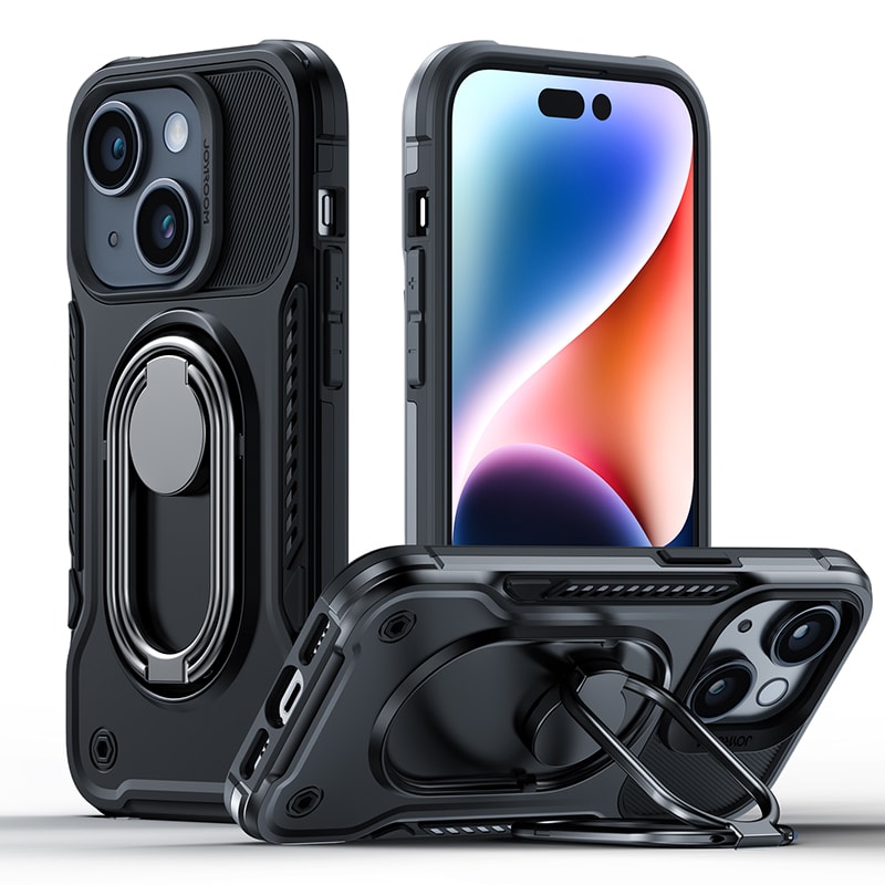 Joyroom Dual Hinge-etui til iPhone 14 Plus pansret etui med stativ og ringholder sort