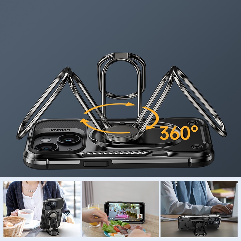 Joyroom Dual Hinge-etui til iPhone 14 Plus pansret etui med stativ og ringholder sort