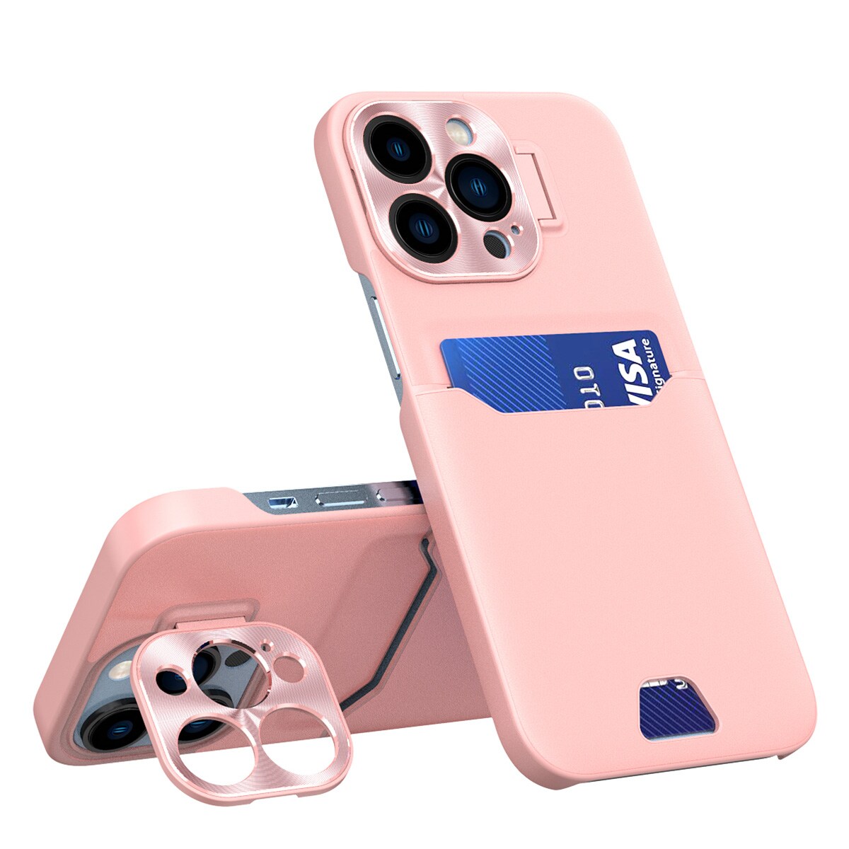 Læderetui med stander til iPhone 14 Pro Kort Tegnebog Cover med stander Pink