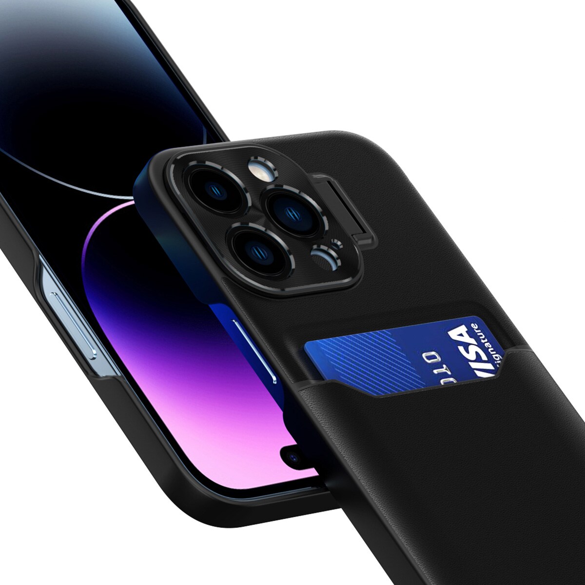 Læderstativ etui til iPhone 14 Pro cover kortpung med stativ sort