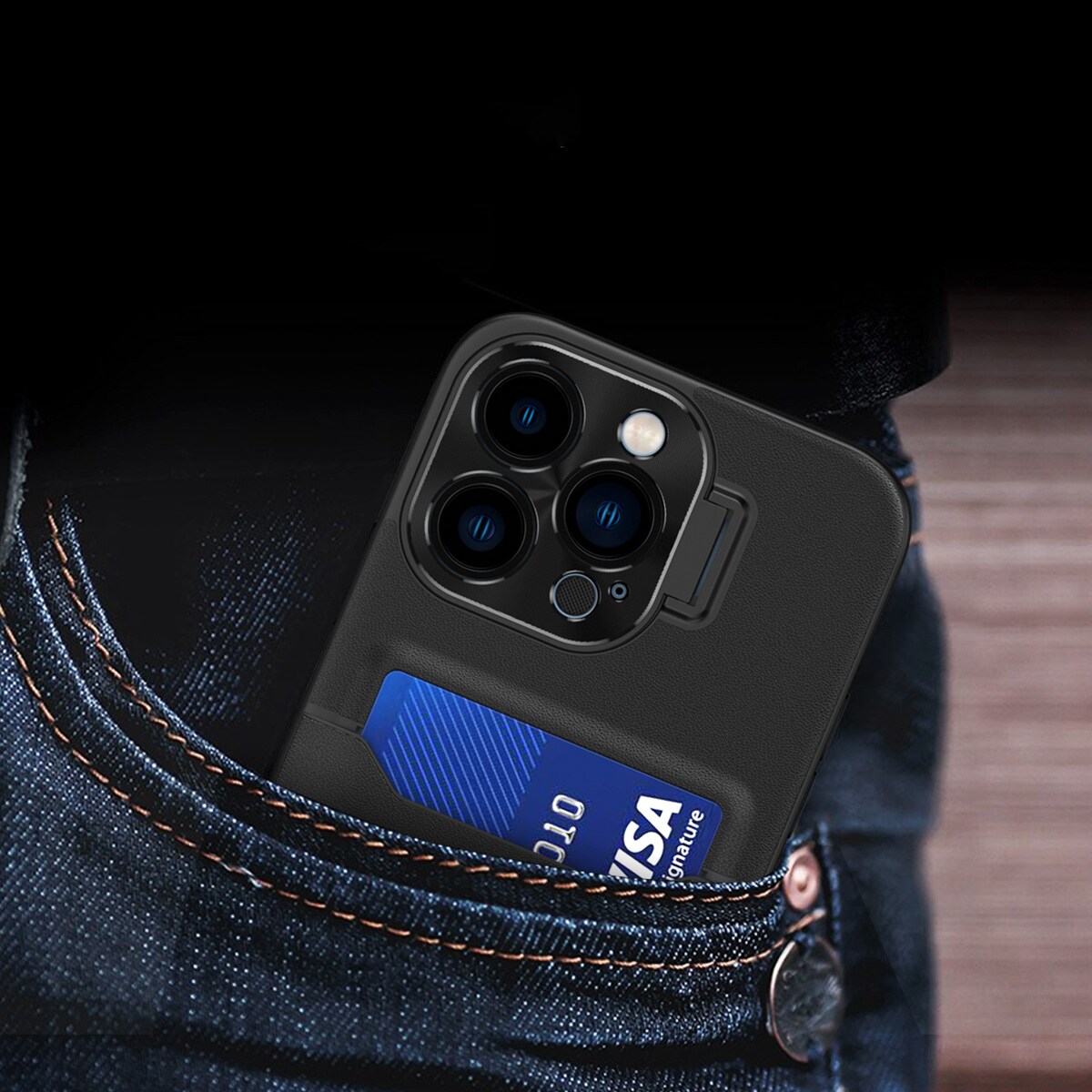 Læderstativ etui til iPhone 14 Pro cover kortpung med stativ sort