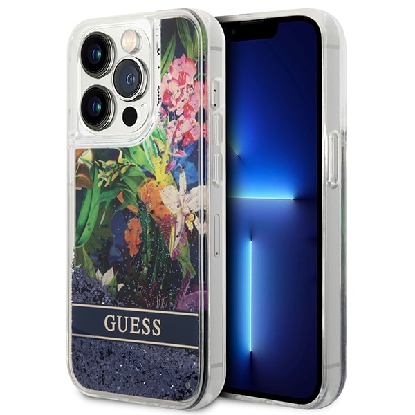Guess Flower Liquid Glitter-etui til iPhone 14 Pro Max - blå